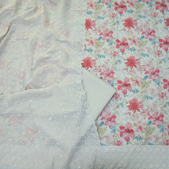 Narazzi Fossil Grey Thread Work Floral Printed Hakoba Cotton Suit Set