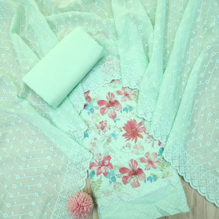 Narazzi Mint Green Thread Work Floral Printed Hakoba Cotton Suit Set
