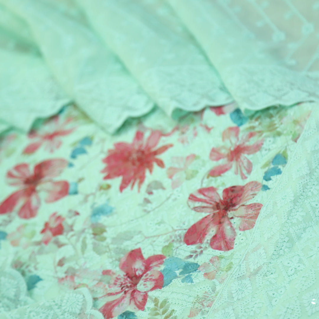 Narazzi Mint Green Thread Work Floral Printed Hakoba Cotton Suit Set