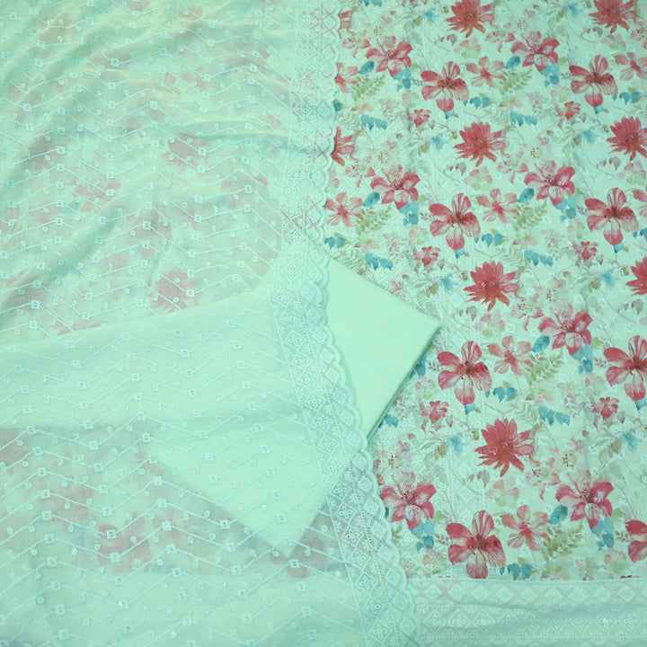 Narazzi Mint Green Thread Work Floral Printed Hakoba Cotton Suit Set