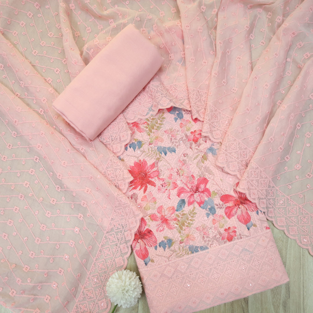 Narazzi Blush Pink Thread Work Floral Printed Hakoba Cotton Suit Set