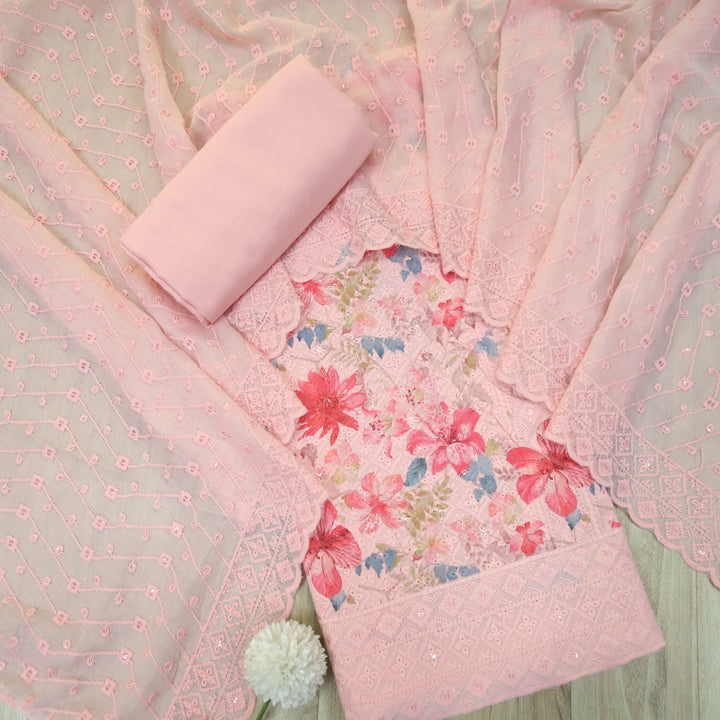 Narazzi Blush Pink Thread Work Floral Printed Hakoba Cotton Suit Set