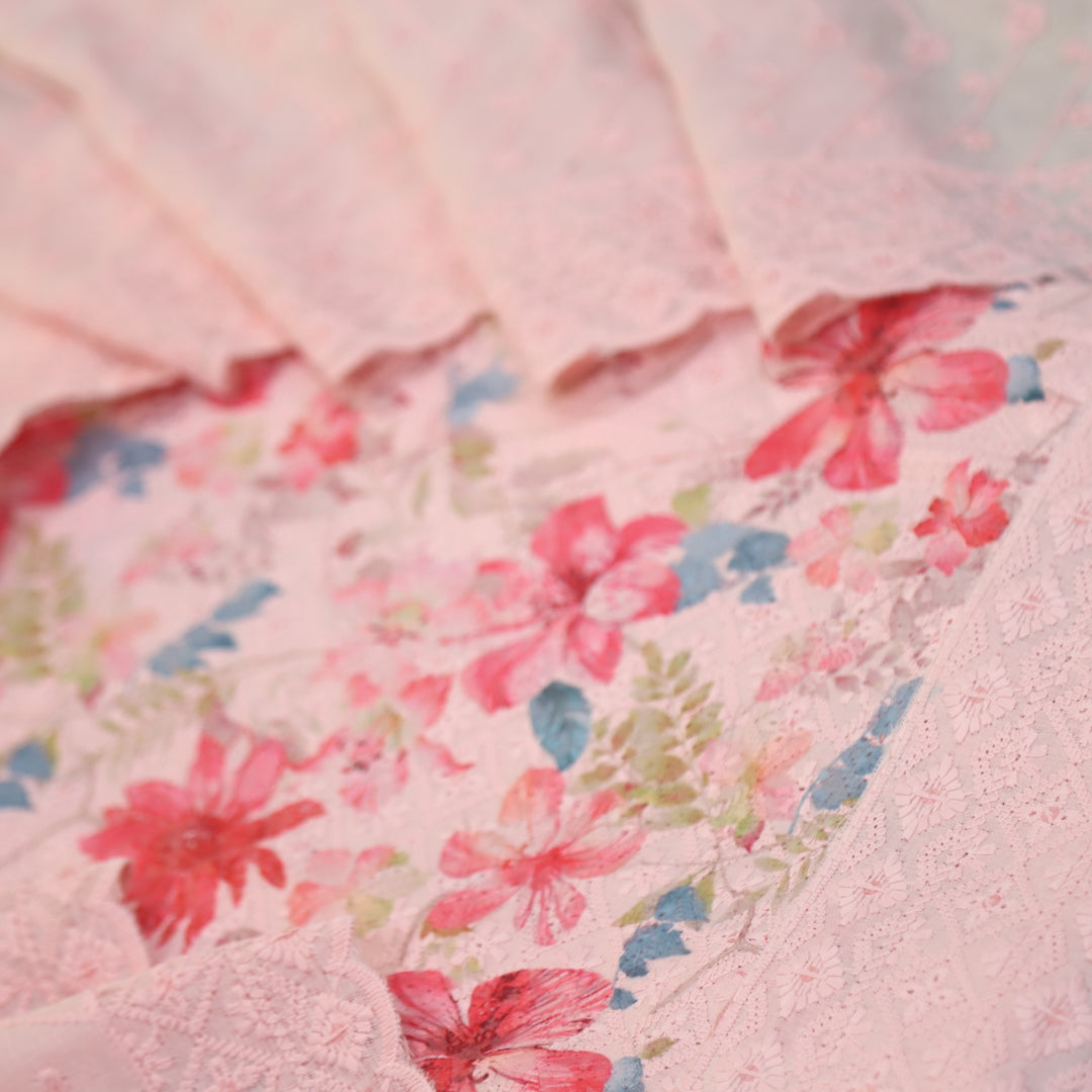 Narazzi Blush Pink Thread Work Floral Printed Hakoba Cotton Suit Set