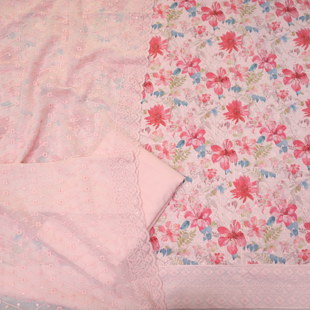 Narazzi Blush Pink Thread Work Floral Printed Hakoba Cotton Suit Set