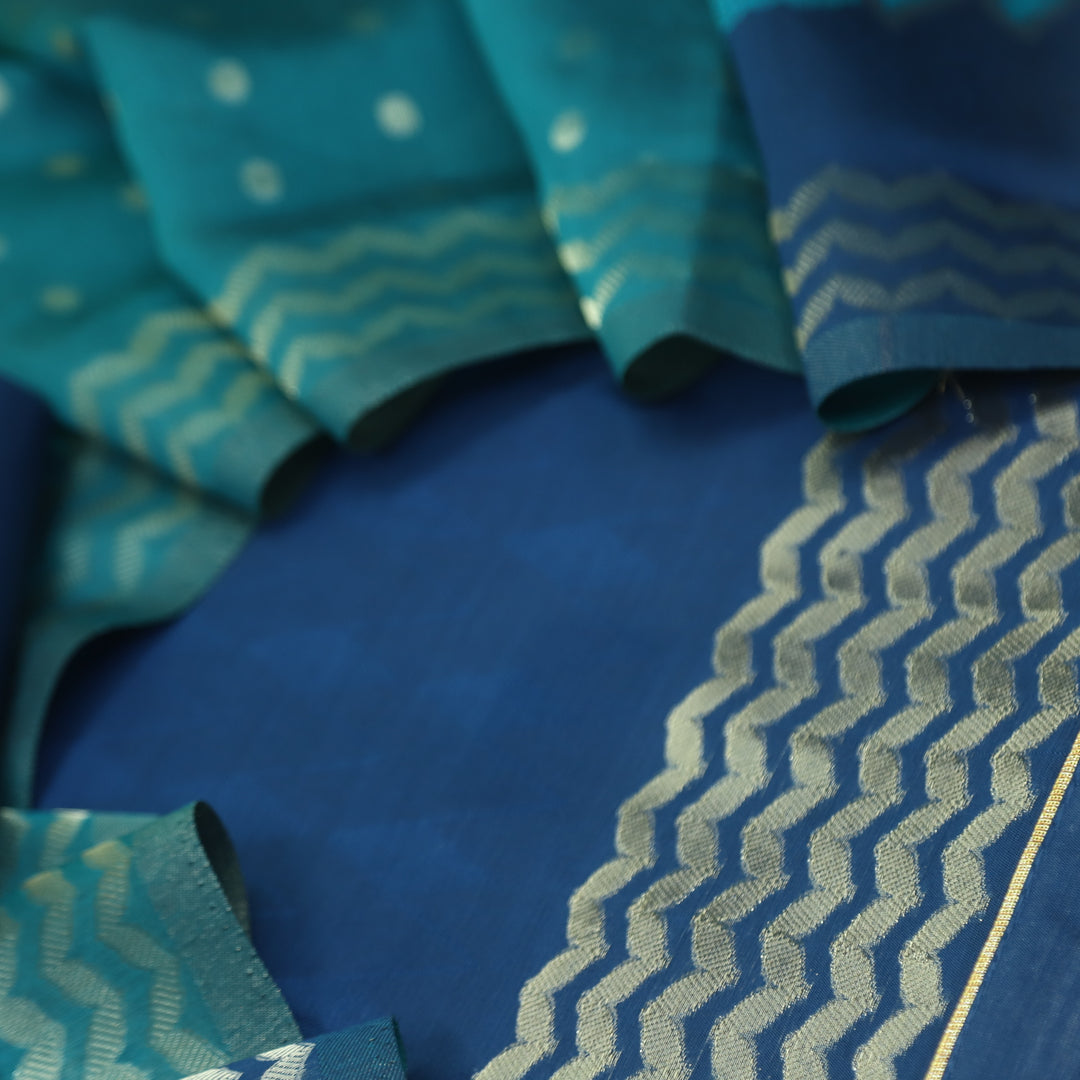 Rashiya Denim Blue Authentic Jamdani Weaved Premium Chanderi Suit Set