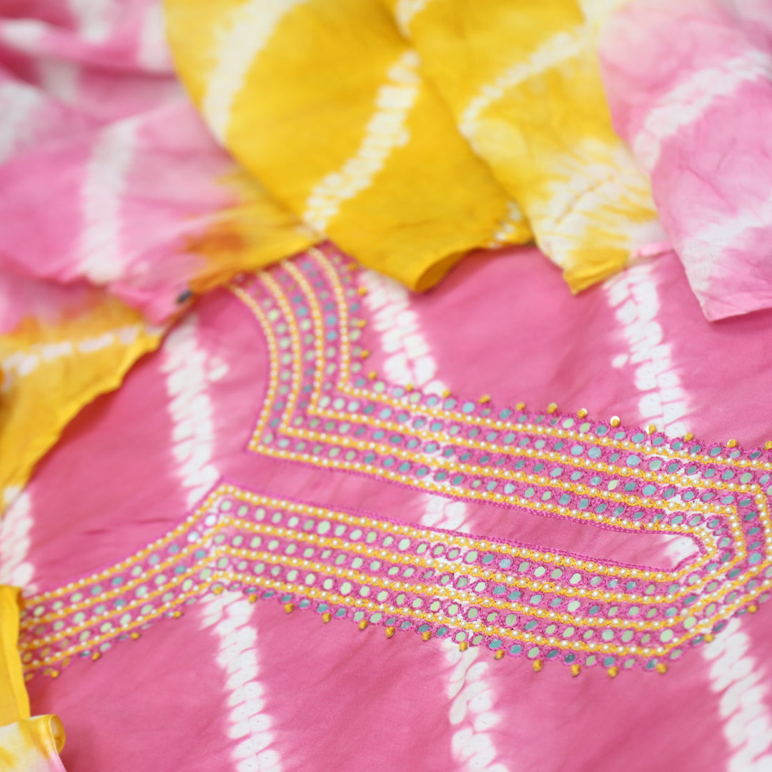 Leher Bright Pink Embellished Neck Work Leheriya Cotton Suit Set