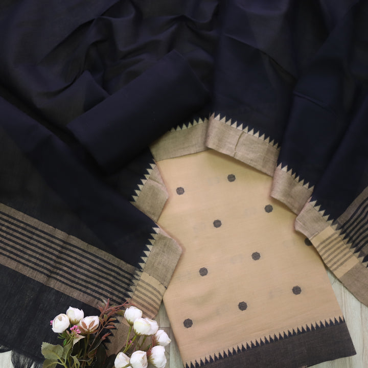 Sanskruti Beige with Black Dupatta South Cotton Temple Hem Suit Set