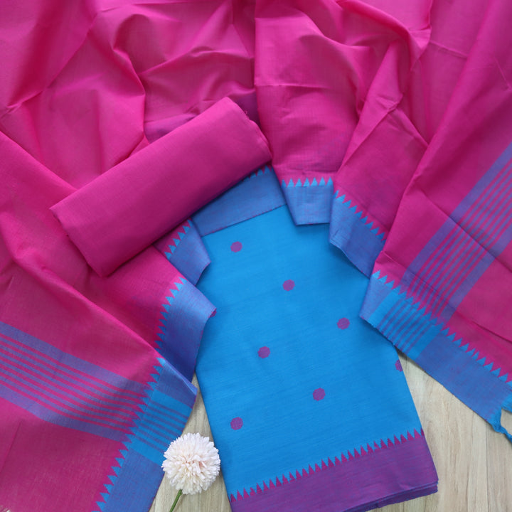 Sanskruti Raisin Blue with Pink Dupatta South Cotton Temple Hem Suit Set