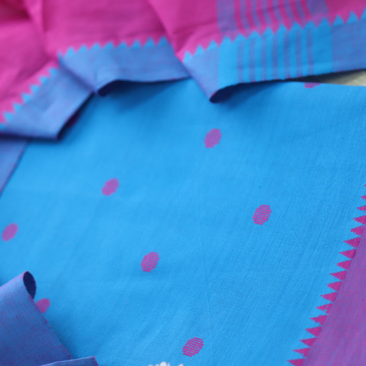 Sanskruti Raisin Blue with Pink Dupatta South Cotton Temple Hem Suit Set