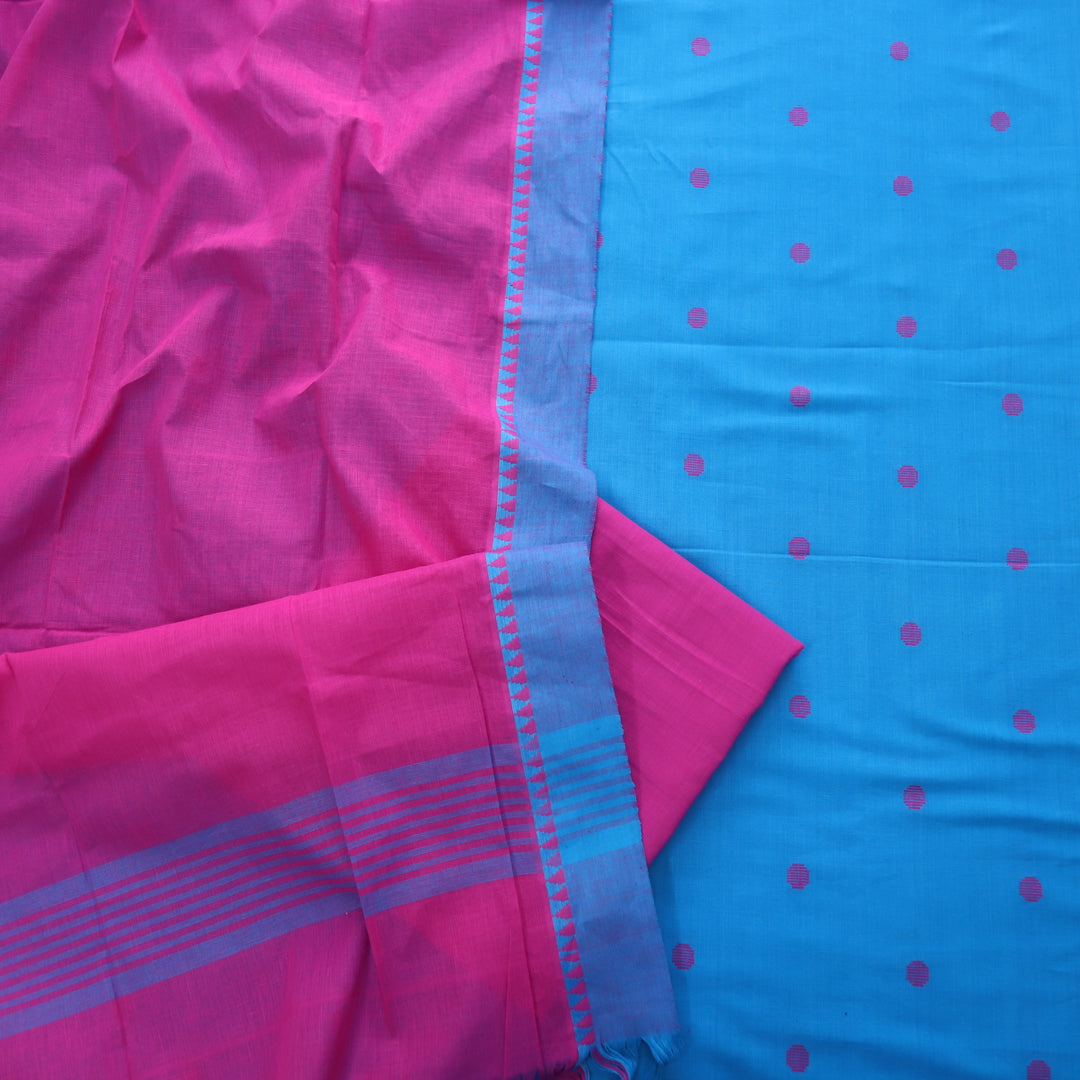 Sanskruti Raisin Blue with Pink Dupatta South Cotton Temple Hem Suit Set