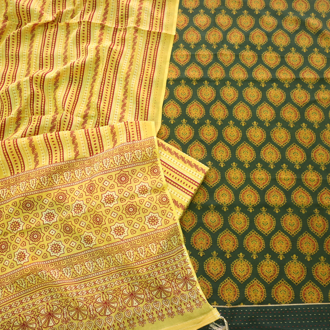 Soundraya Grass Green Ajrak Printed with Yellow Printed Cotton Dupatta Suit Se-D1