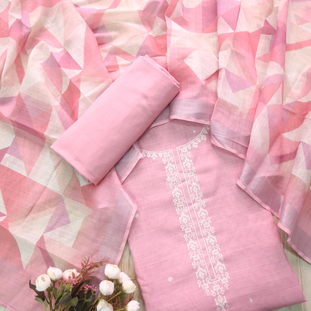 Gujaarish Blush Pink Cross-Stitch Embroidery  Neck Cotton Linen Suit Set