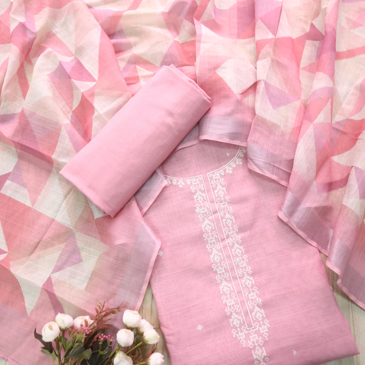 Gujaarish Blush Pink Cross-Stitch Embroidery  Neck Cotton Linen Suit Set