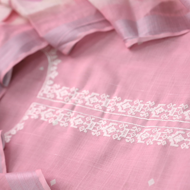 Gujaarish Blush Pink Cross-Stitch Embroidery  Neck Cotton Linen Suit Set