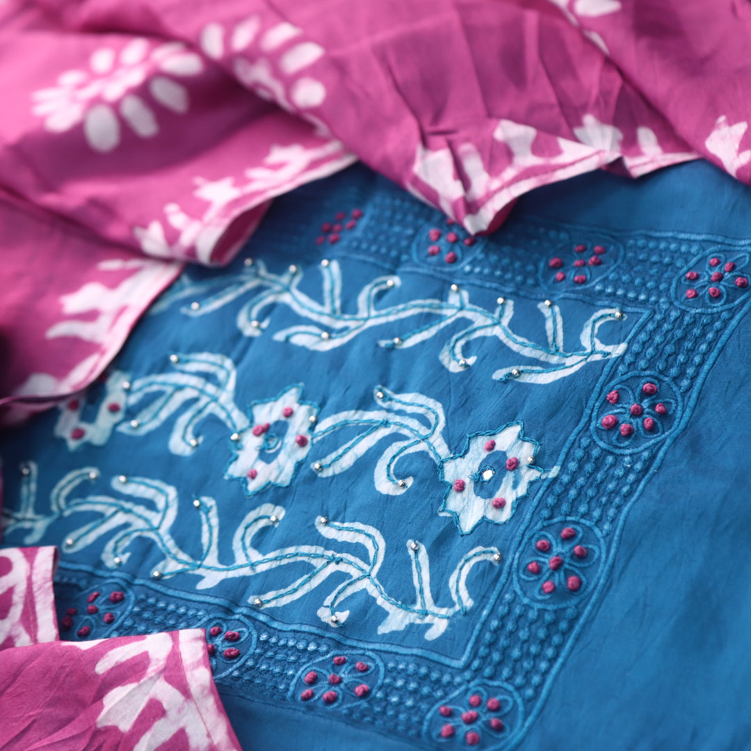 Gulshan Cerulean Blue French Knot Batik Print Neck Chanderi Suit Set-D1