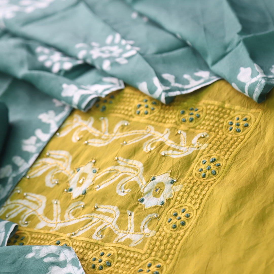 Gulshan Dandelion Yellow French Knot Batik  Print Neck Chanderi Suit Set-D1
