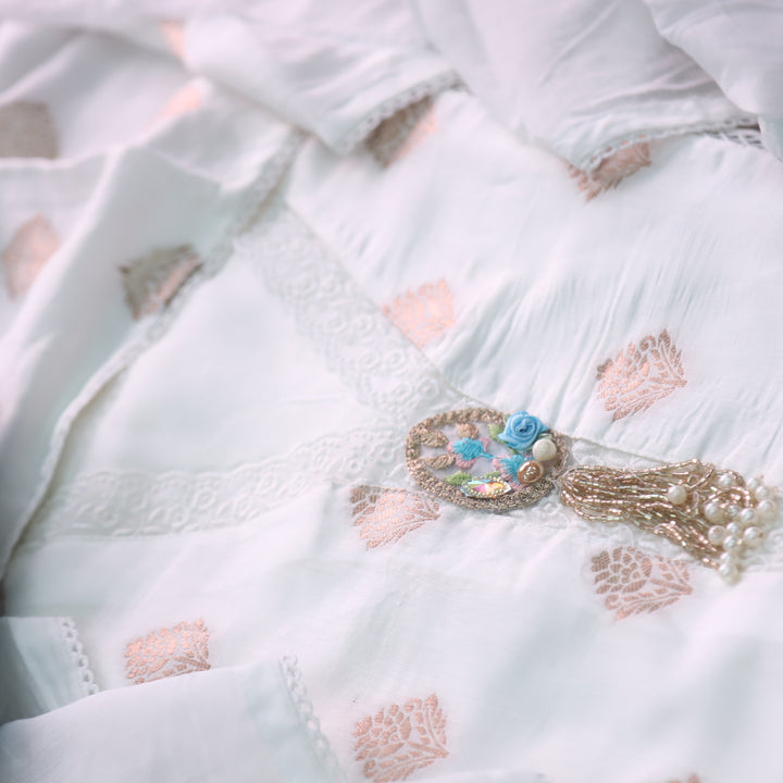 Ishani Pearl White V Neck Lace work with Brocade Weaved Silk Suit Set