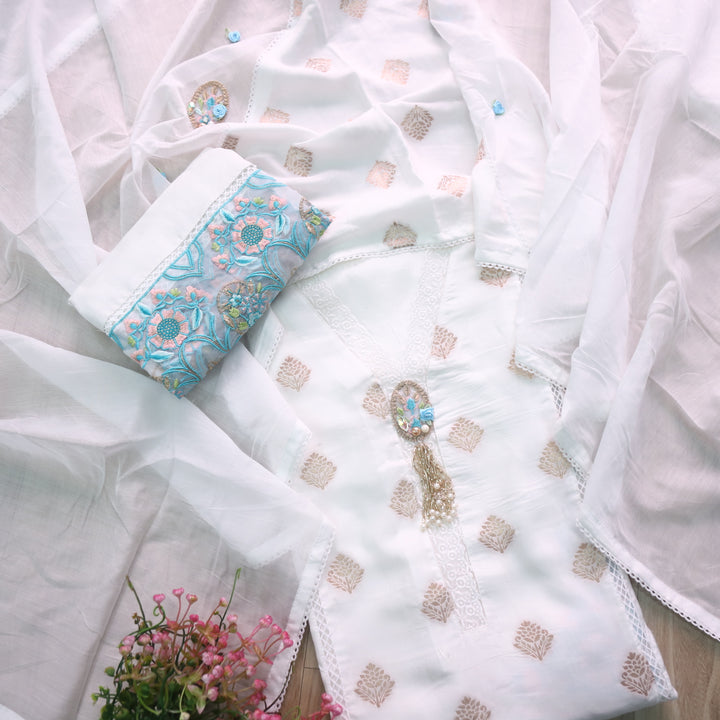 Ishani Pearl White V Neck Lace work with Brocade Weaved Silk Suit Set