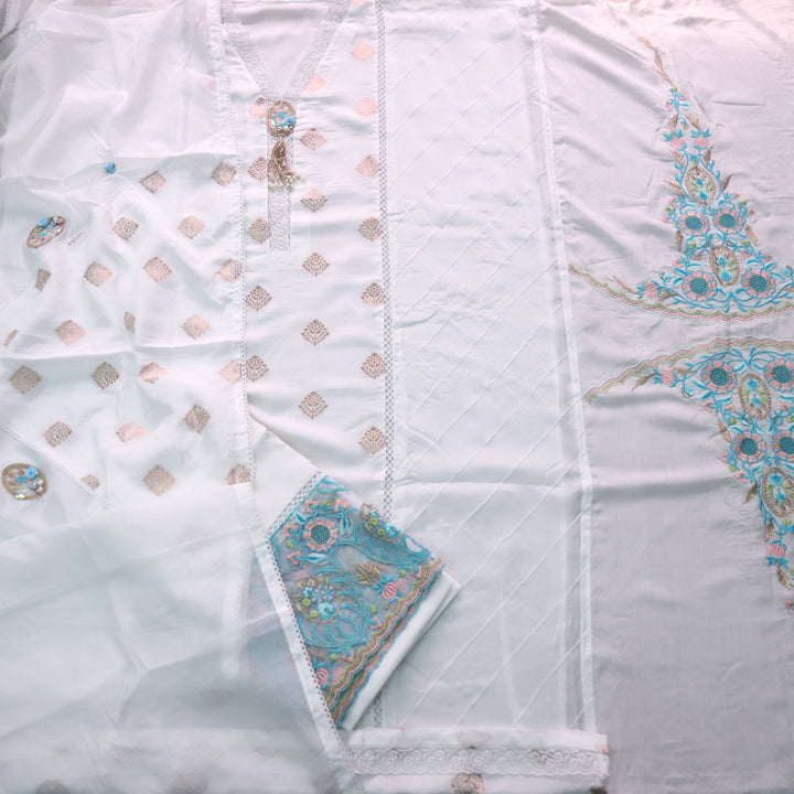 Ishani Pearl White V Neck Lace work with Brocade Weaved Silk Suit Set