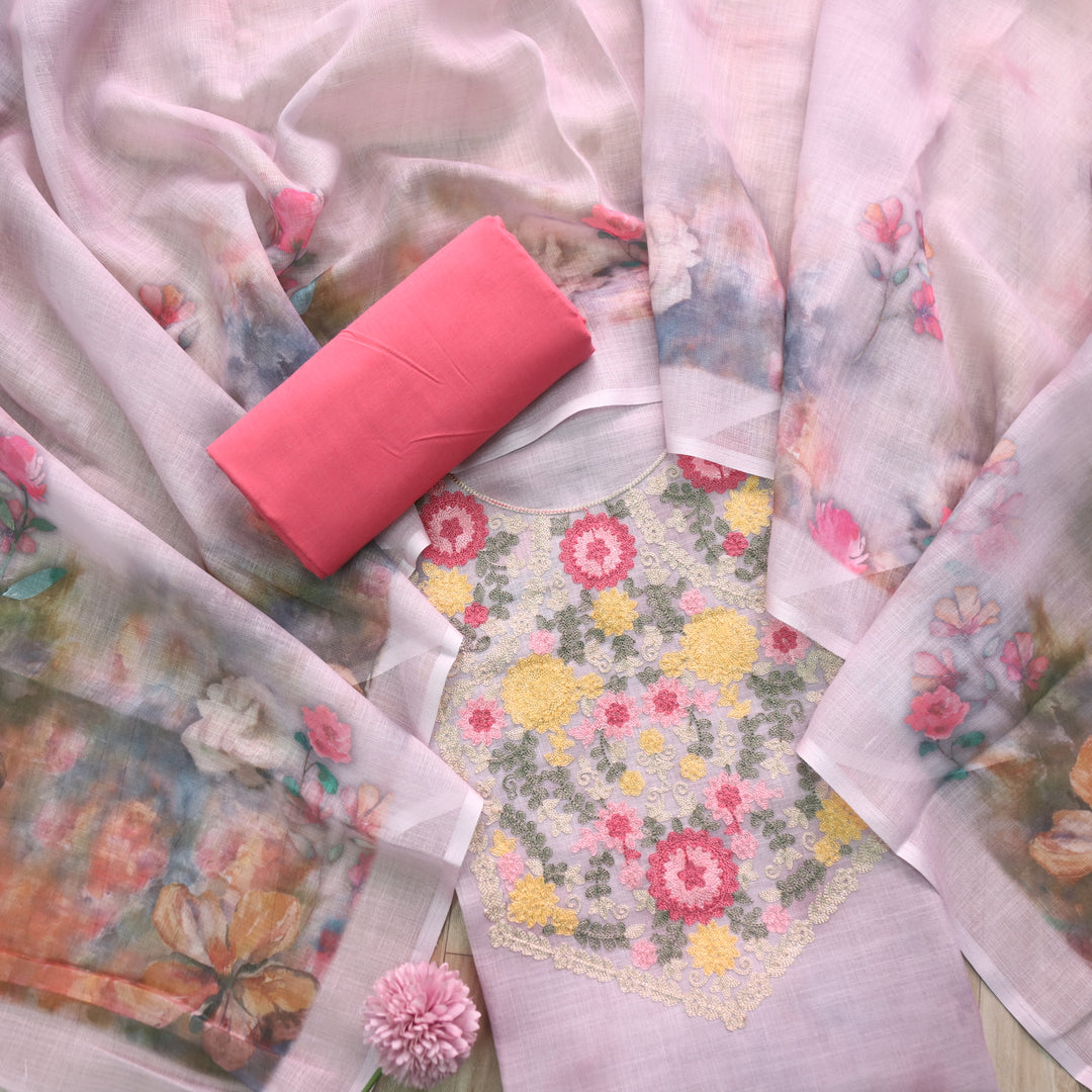 Gulbahar Light Lavender Kashida Inspired Thread Work Cotton Linen Suit Set