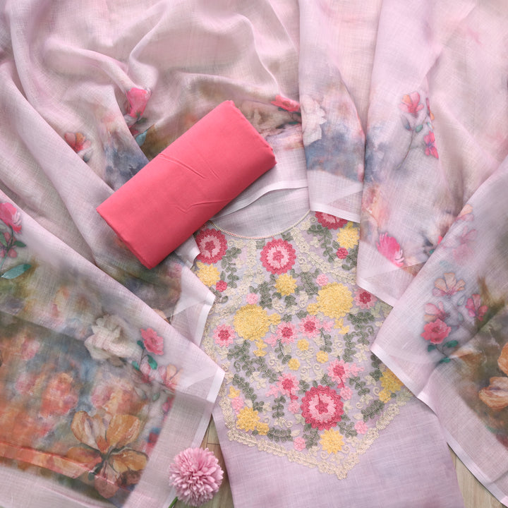Gulbahar Light Lavender Kashida Inspired Thread Work Cotton Linen Suit Set