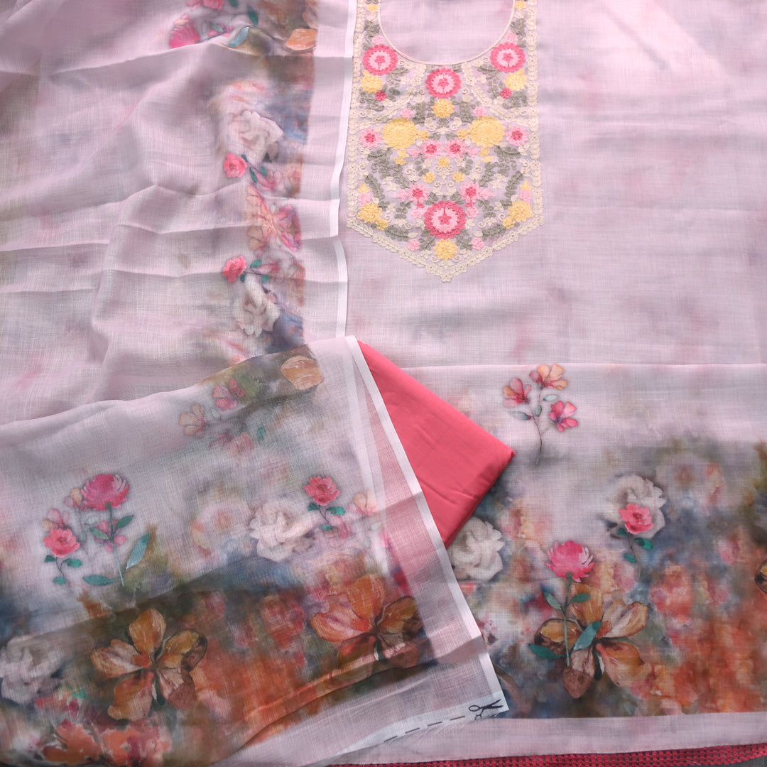 Gulbahar Light Lavender Kashida Inspired Thread Work Cotton Linen Suit Set