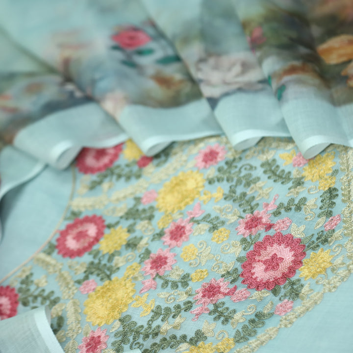 Gulbahar Light Blue Kashida Inspired Thread Work Cotton Linen Suit Set