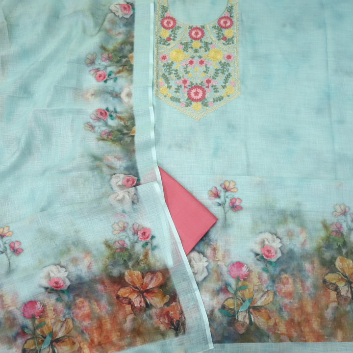 Gulbahar Light Blue Kashida Inspired Thread Work Cotton Linen Suit Set