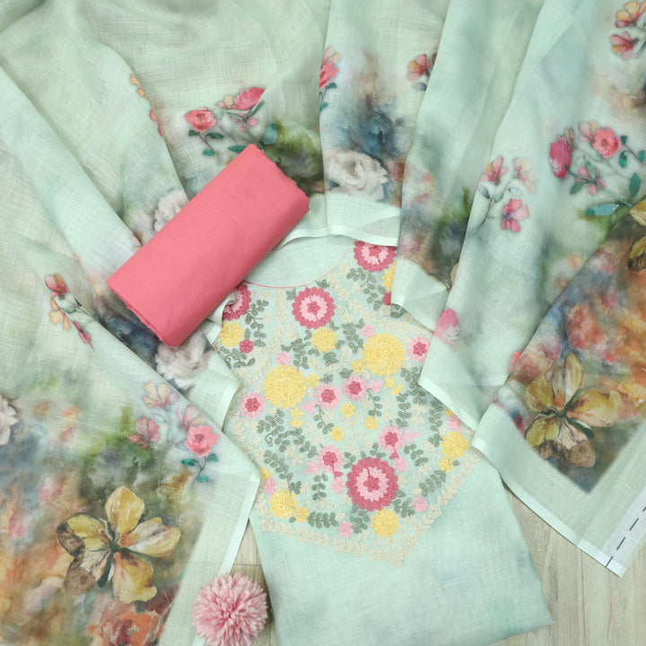 Gulbahar Mint Green Kashida Inspired Thread Work Cotton Linen Suit Set