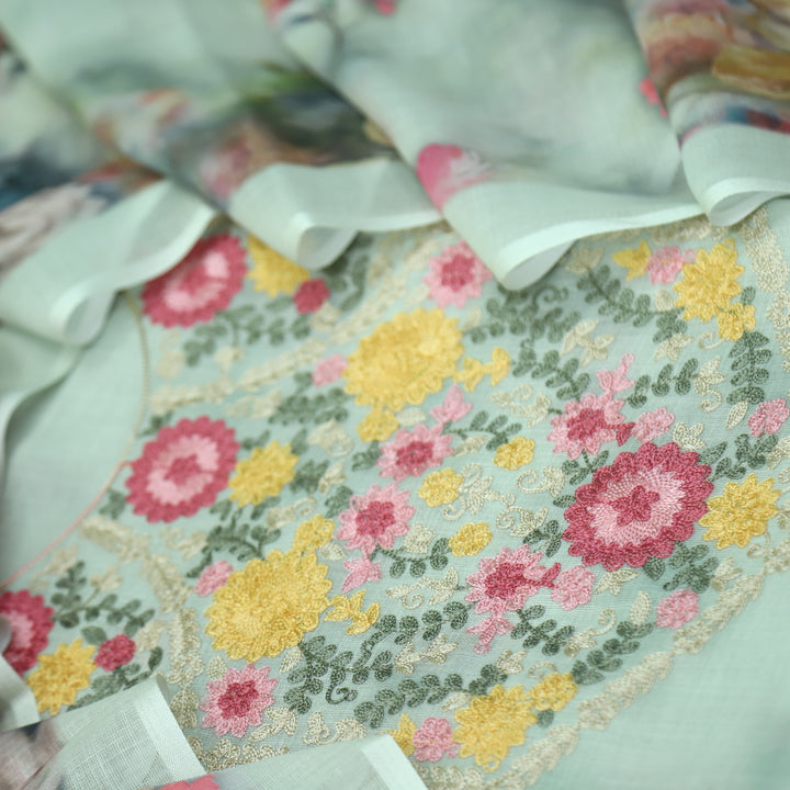 Gulbahar Mint Green Kashida Inspired Thread Work Cotton Linen Suit Set