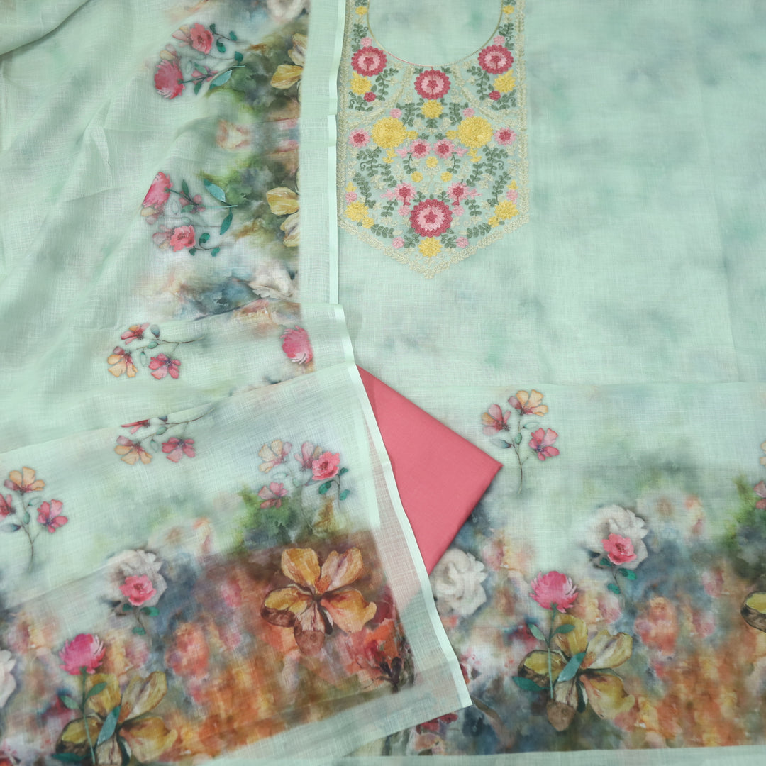 Gulbahar Mint Green Kashida Inspired Thread Work Cotton Linen Suit Set
