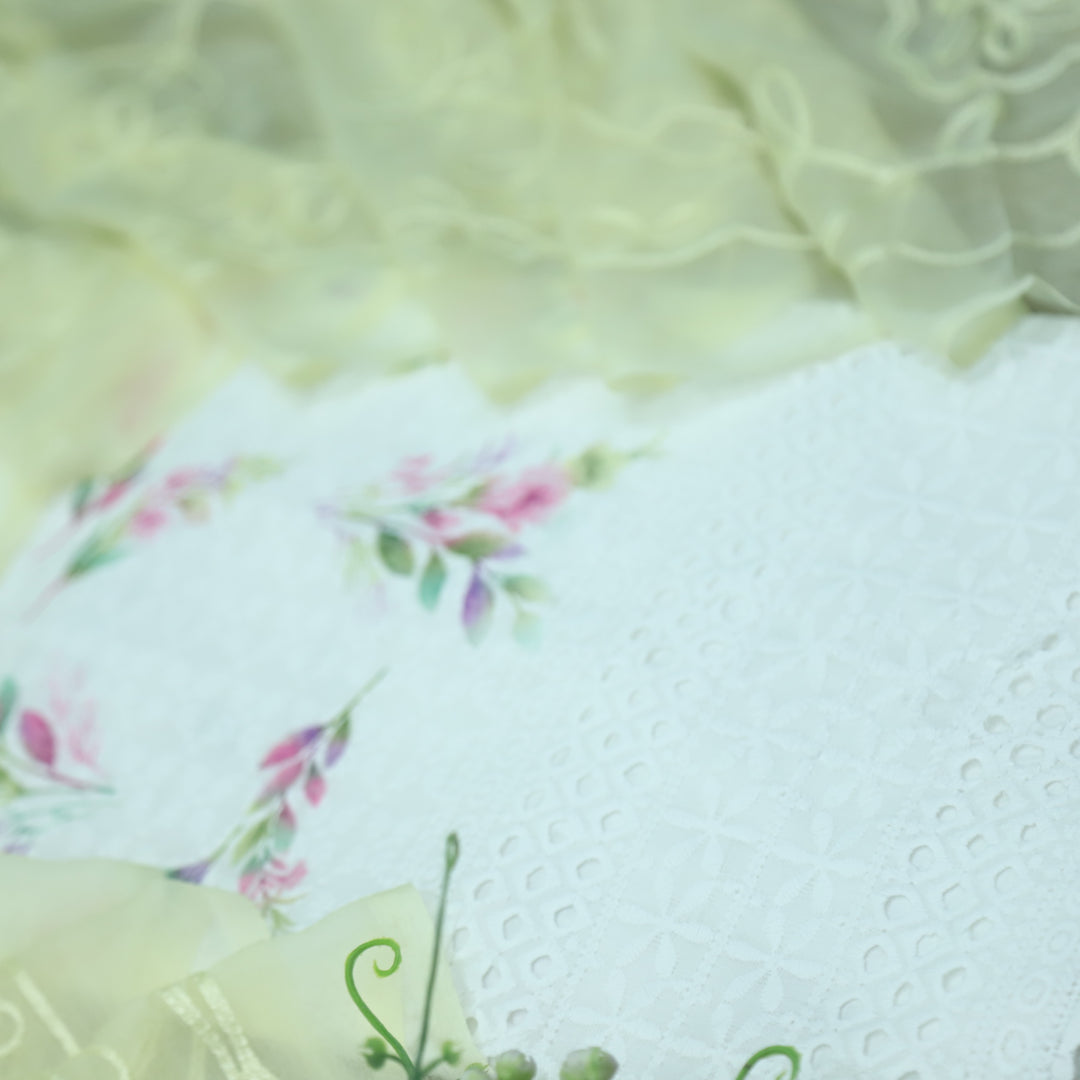 Hamsafar White with Buttermilk Yellow Floral Printed Schiffli Work Cotton Suit Set