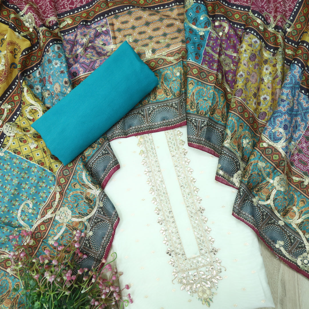 Dilbara Cream White with Zari and Patra Work with Blue Bottom Chanderi Suit Set