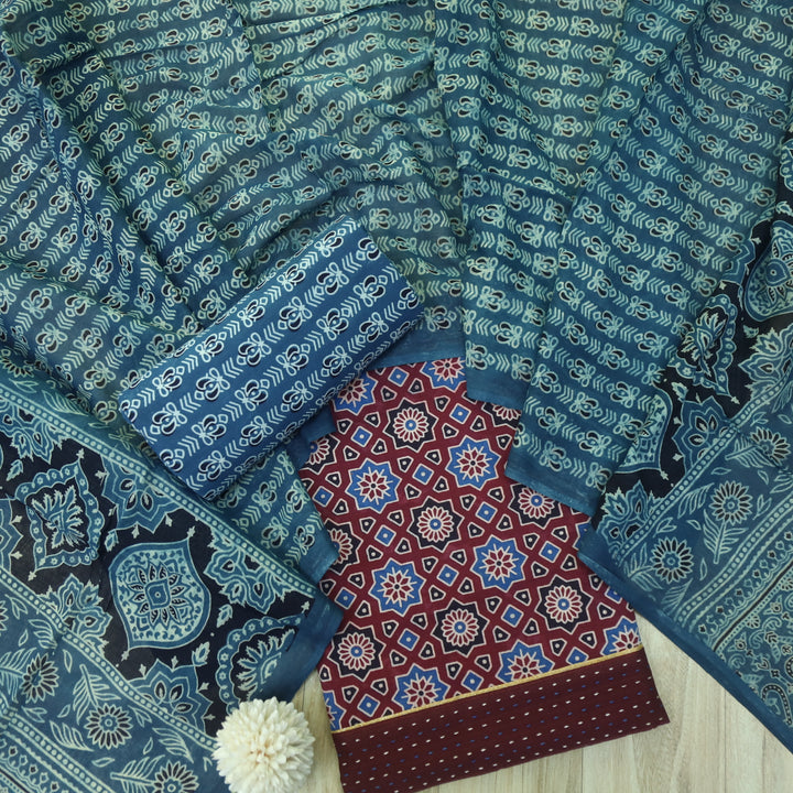 Soundraya Maroon Red Ajrak Printed with Blue Printed Cotton Dupatta Suit Se-D2