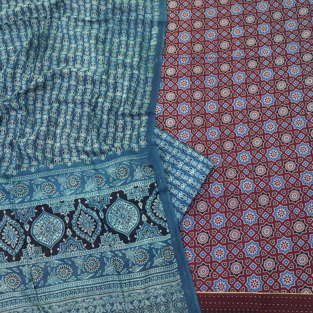 Soundraya Maroon Red Ajrak Printed with Blue Printed Cotton Dupatta Suit Se-D2