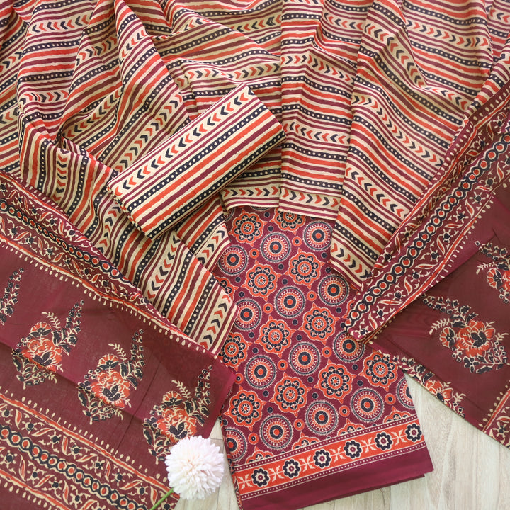 Jahaan Rust Red Floral Printed Ajrak Cotton Suit Set