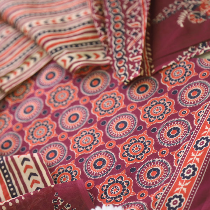 Jahaan Rust Red Floral Printed Ajrak Cotton Suit Set