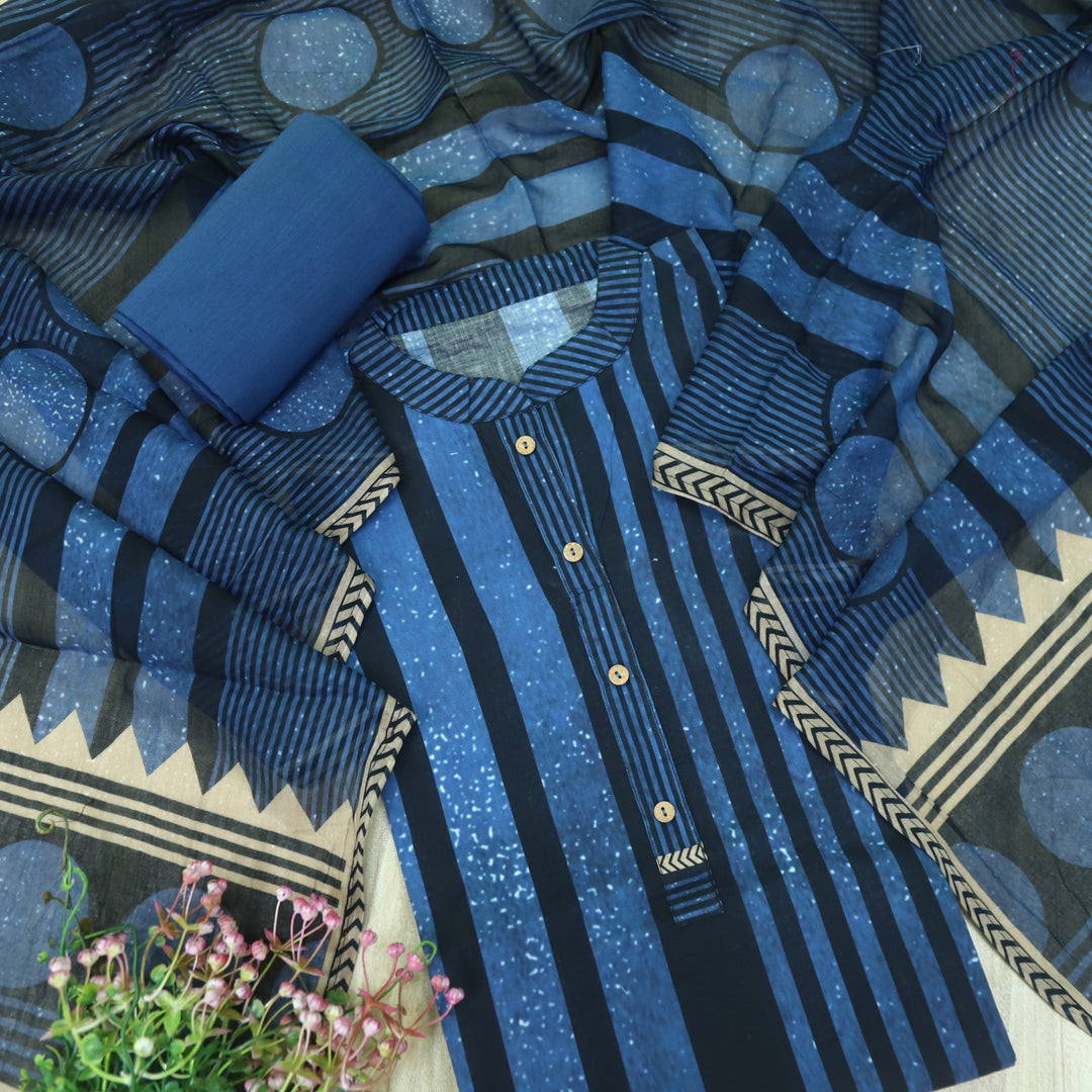Bandegi Denim Blue Collar Neck with Button Stripe Print Cotton Suit Set