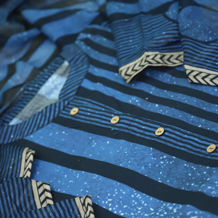 Bandegi Denim Blue Collar Neck with Button Stripe Print Cotton Suit Set