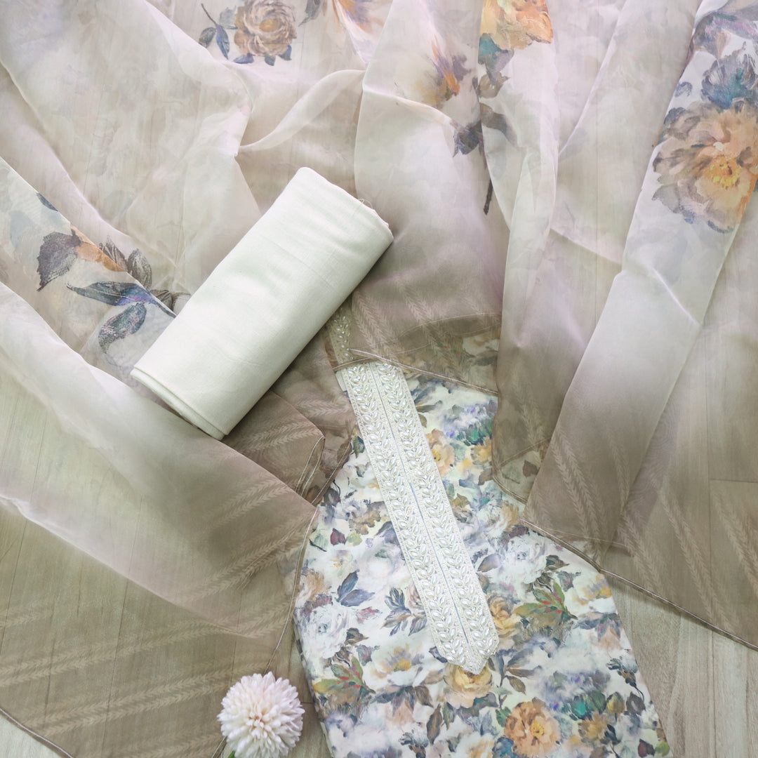 Heeriye Cream White Pearl Work Lace Neck Floral Printed Art Muslin Suit Set