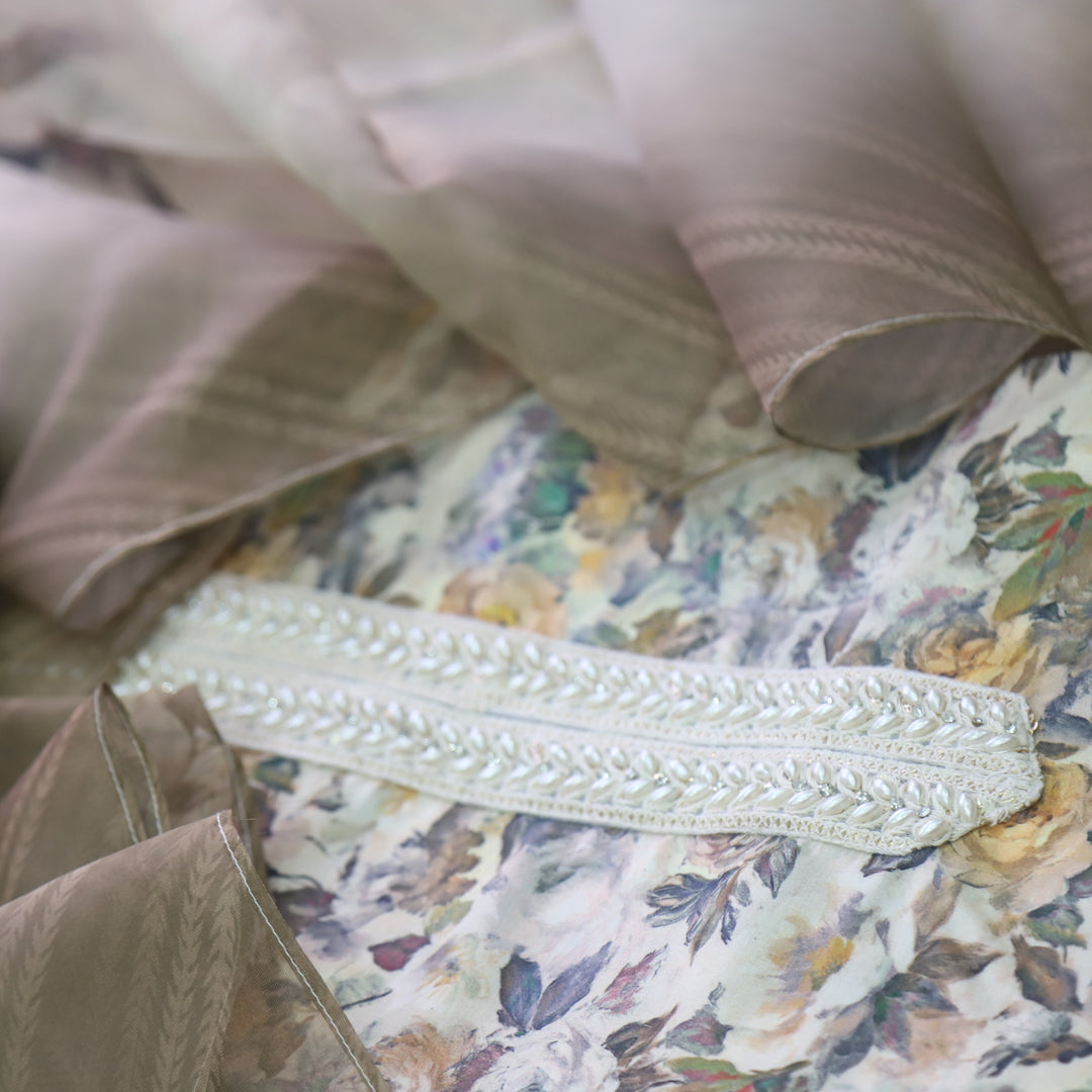 Heeriye Cream White Pearl Work Lace Neck Floral Printed Art Muslin Suit Set