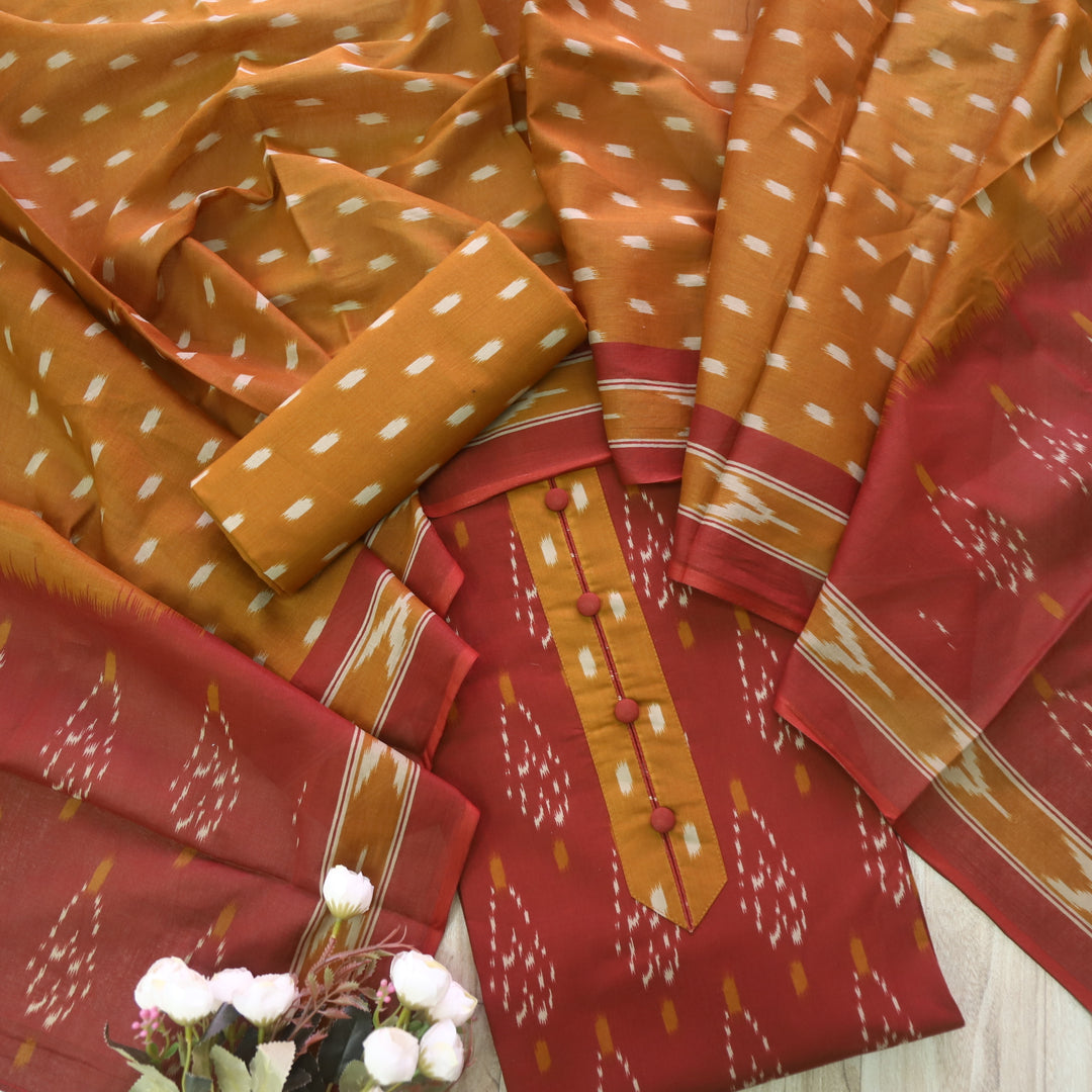 Heeriye Barn Brown Button Work Neck Printed Cotton Suit Set