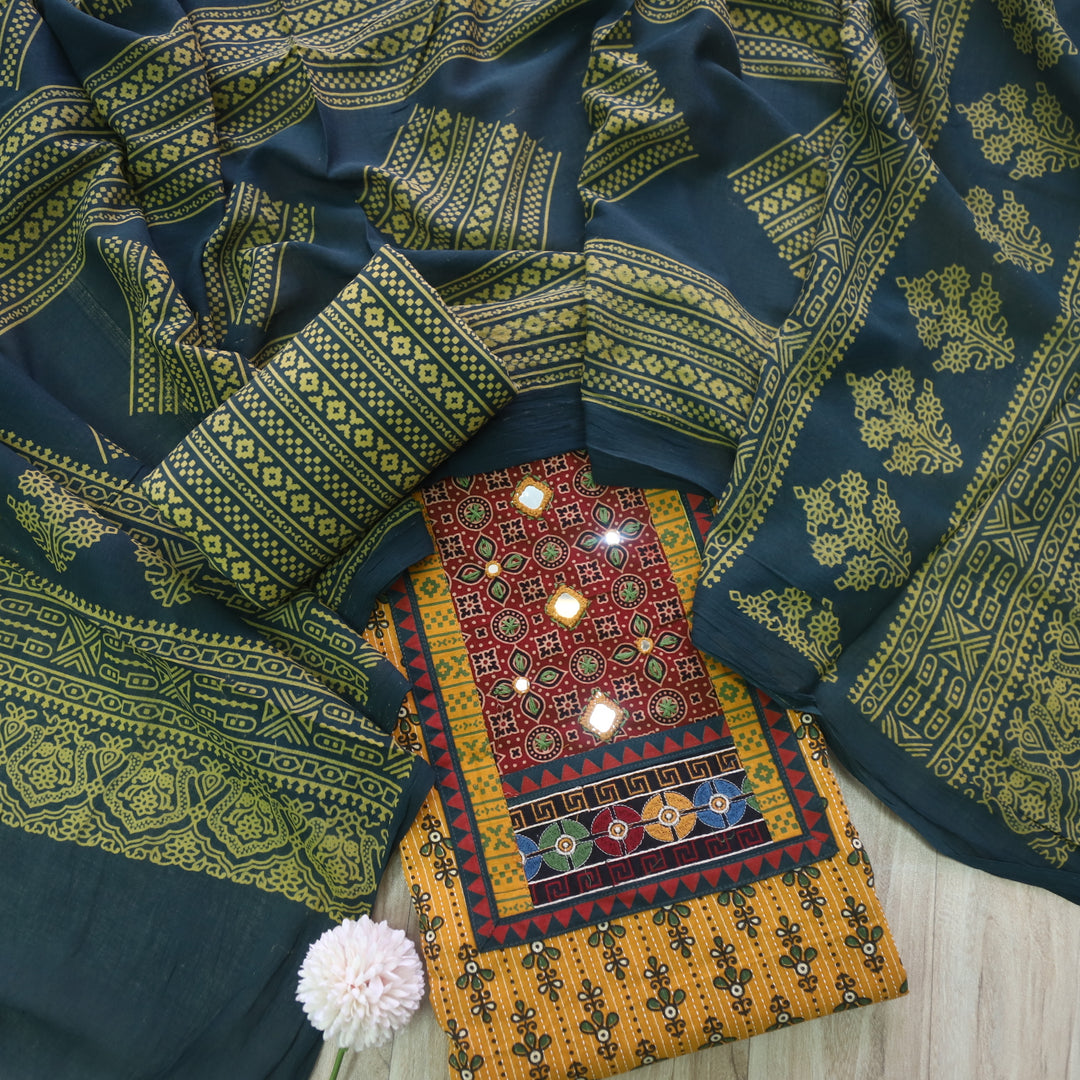 Ruhani Dijon Yellow Ajrak Print Mirror Work Cotton Top With Printed Dupatta