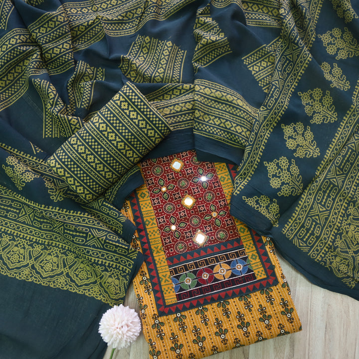 Ruhani Dijon Yellow Ajrak Print Mirror Work Cotton Top With Printed Dupatta
