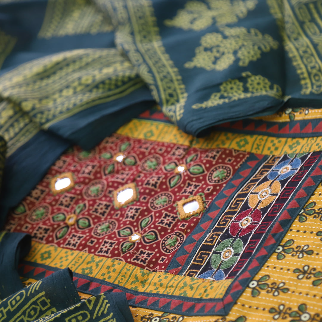 Ruhani Dijon Yellow Ajrak Print Mirror Work Cotton Top With Printed Dupatta