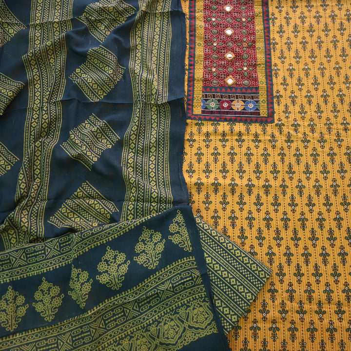 Ruhani Dijon Yellow Ajrak Print Mirror Work Cotton Top With Printed Dupatta