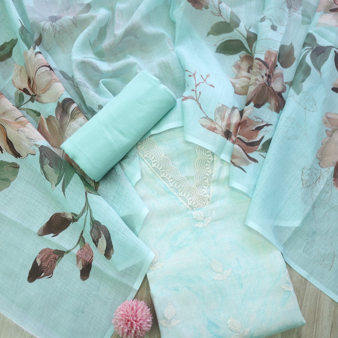Raabta Sea Blue V Neck Lace Work Printed Cotton Linen Suit Set