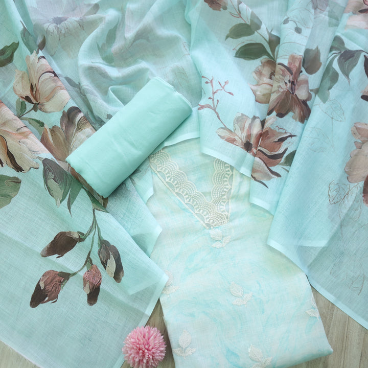 Raabta Sea Blue V Neck Lace Work Printed Cotton Linen Suit Set