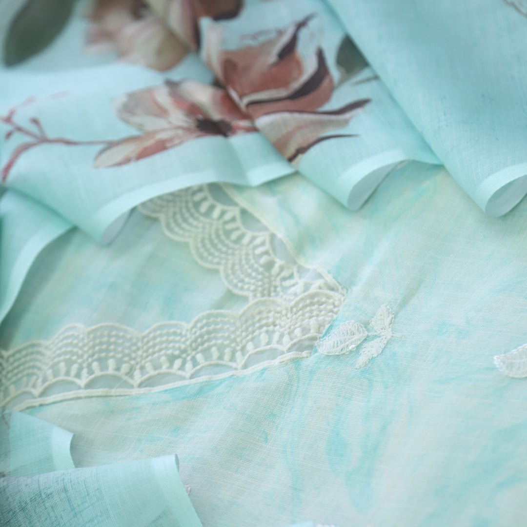 Raabta Sea Blue V Neck Lace Work Printed Cotton Linen Suit Set
