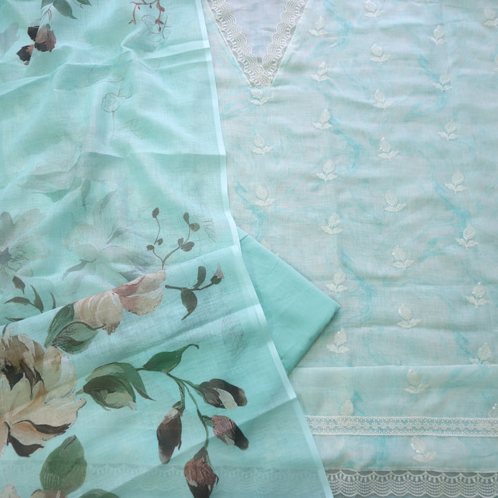 Raabta Sea Blue V Neck Lace Work Printed Cotton Linen Suit Set